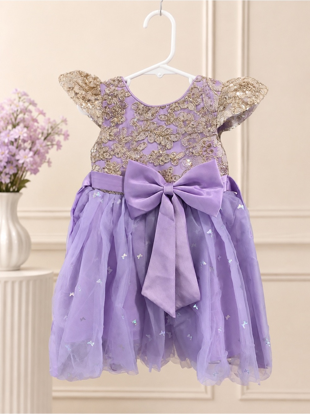 IBTOM CASTLE Lavender Gold Sequin Flower Girl Princess Dress 9-12M Pageant Gown